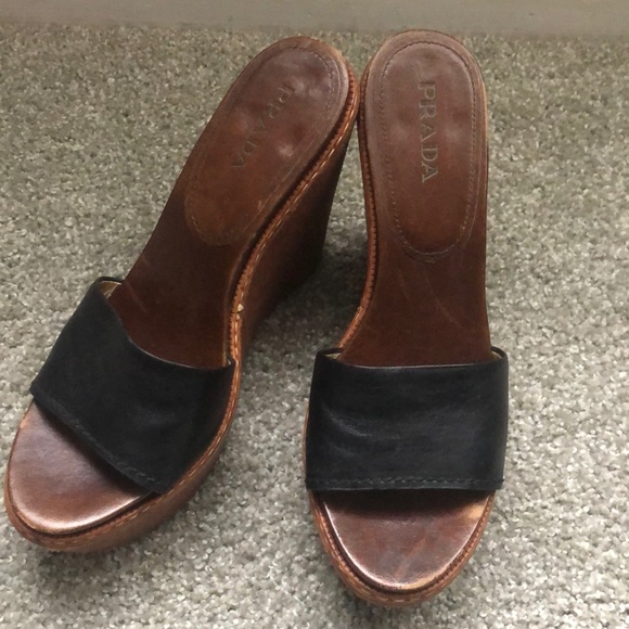 Prada Shoes - Prada Black Leather and Brown Wood Wedge Sandals